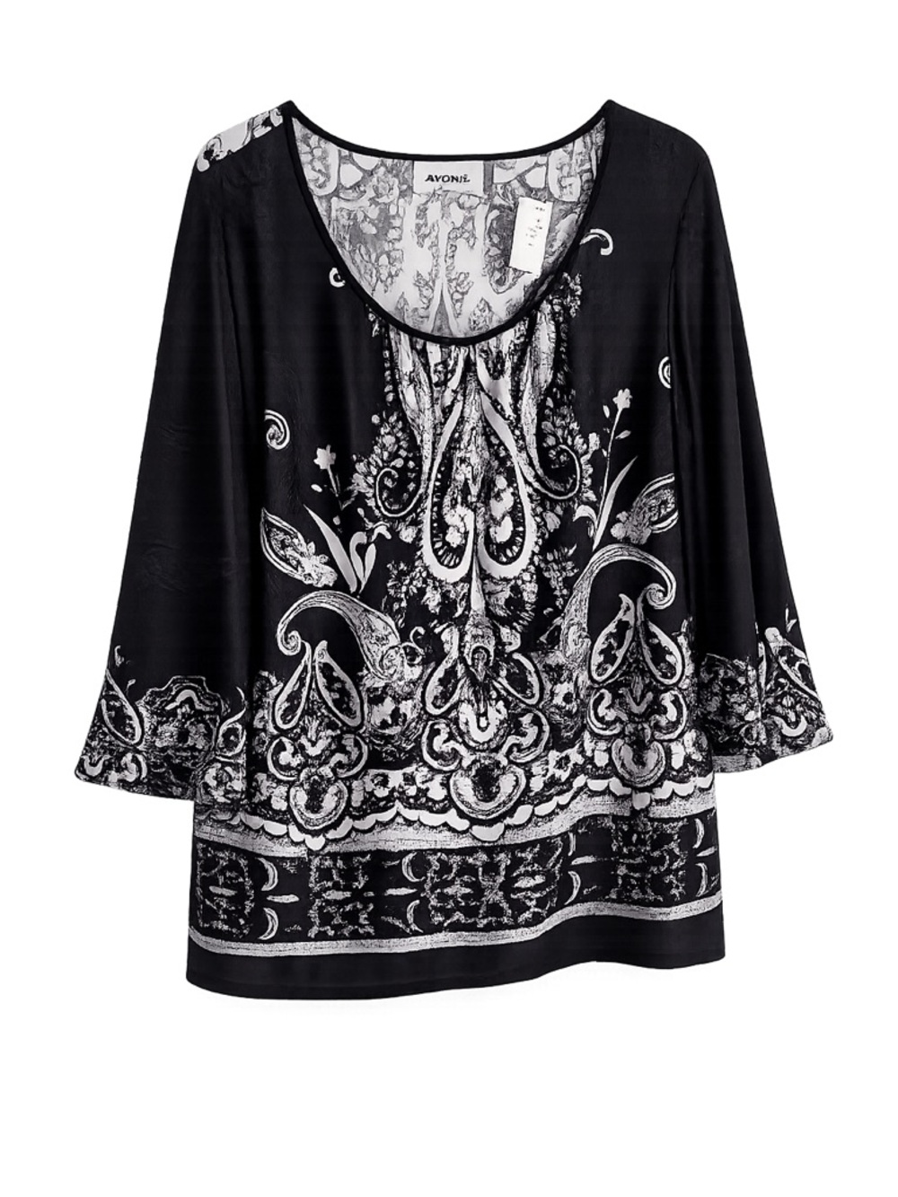 Avenue Black White Paisley Tunic Top 14/16 Boho Flowy 3/4 Sleeve Plus Size